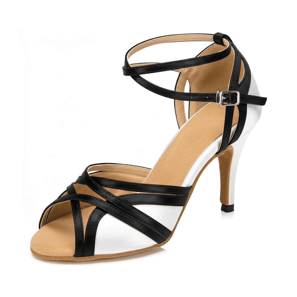 white satin latin dance shoe for women with black crossed toe straps, buckled ankle strap and a stiletto heel
