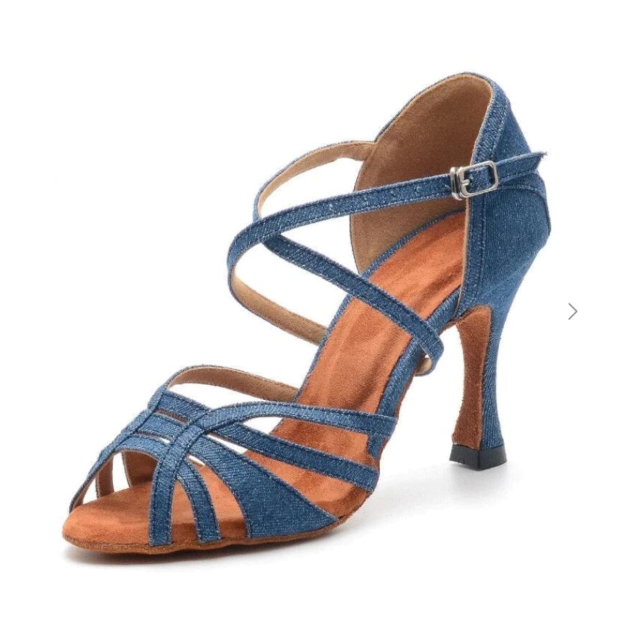 denim latin dance shoe for women with woven multi-strand toe straps, crossed ankle strap and a stiletto heel