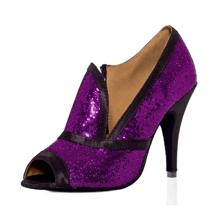 purple sequin latin dance boot for women with black satin trim, front zip, peep toe and a stiletto heel