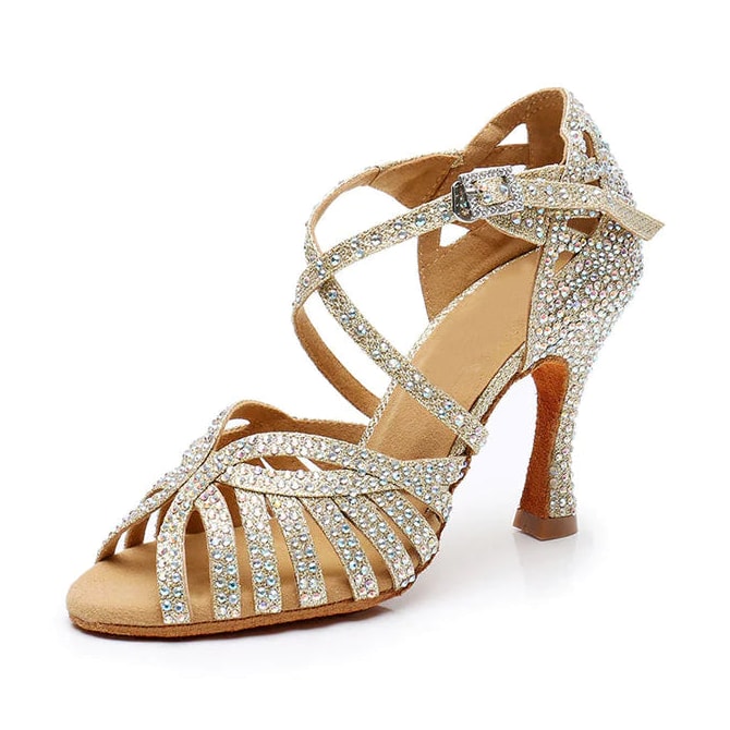 gold glitter diamante dance shoe for women, crystal-covered straps and rhinestone-set flared heel