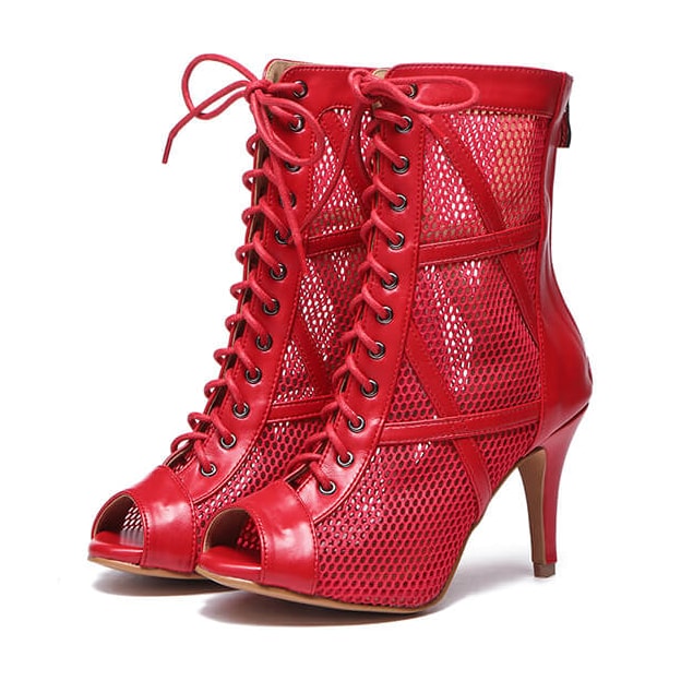 red leather and fishnet mesh lace-up open-toe dance booties for women with slim stiletto heel