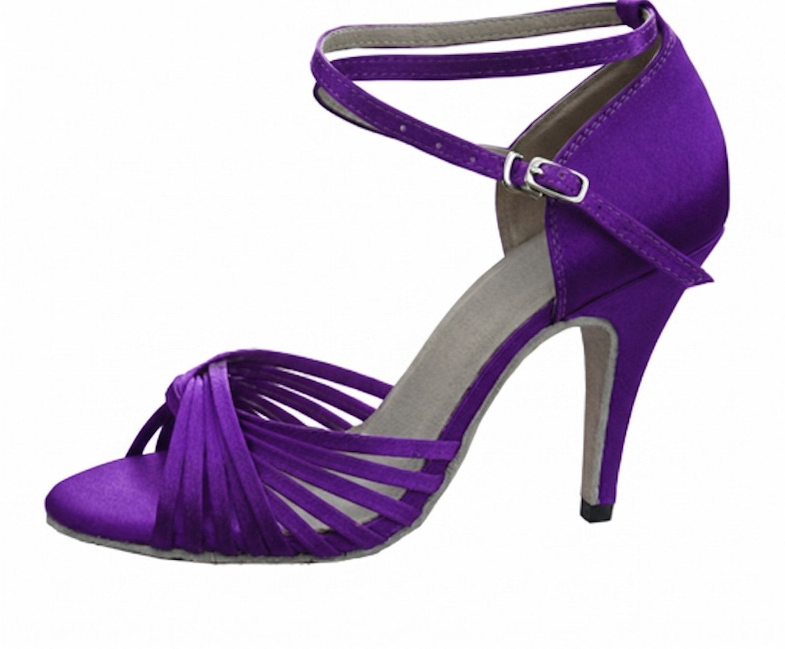 Purple satin Latin dance shoes side view, knotted open toe strap upper with stiletto heel and suede sole