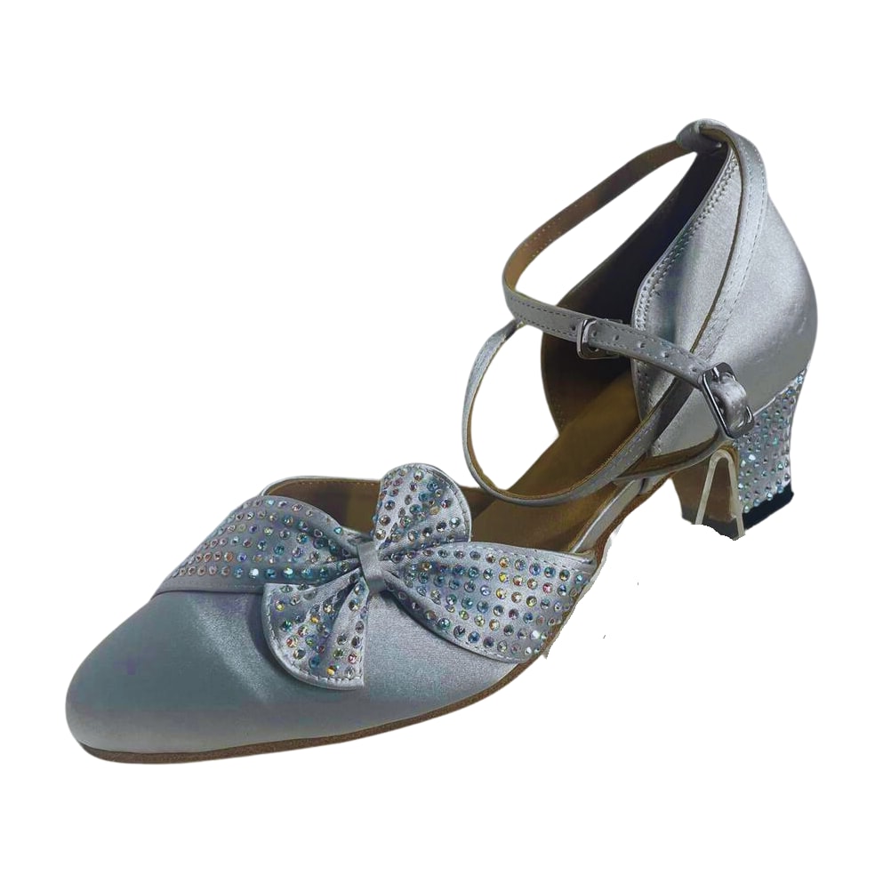 silver satin closed-toe waltz ballroom dance shoe for women, rhinestone bow, crisscross ankle strap, flared heel