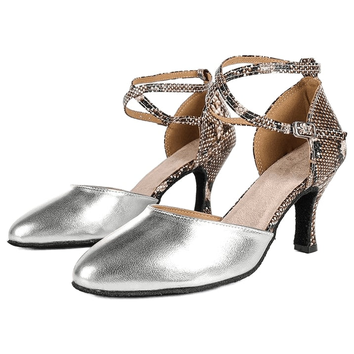 Silver and brown snakeskin print ballroom dance shoes pair, closed toe waltz heels with crossed ankle strap and flared heel