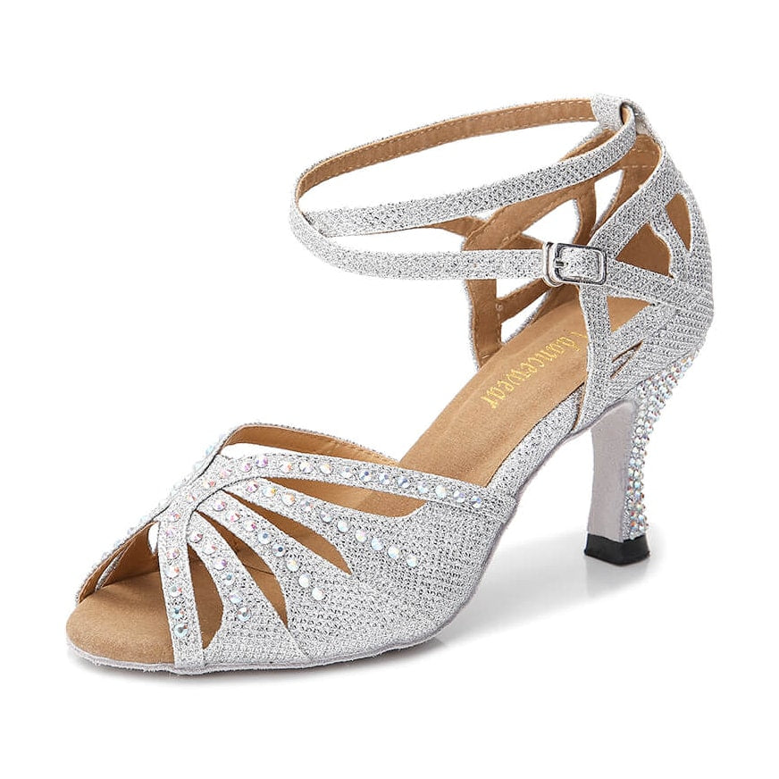 silver glitter diamante ballroom dance shoe for women, rhinestone fan toe design and crossed ankle strap