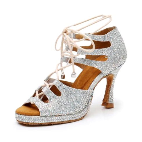 silver glitter lace-up samba platform dance boot for women covered in rhinestones, with cutout side panels and peep toe