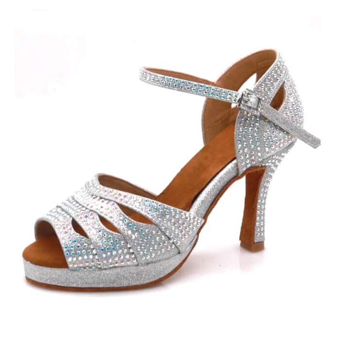 silver glitter rhinestone samba platform dance heel for women, crystal straps and platform sole