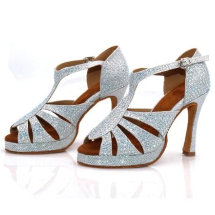 pair of silver glitter rhinestone samba platform dance shoes for women with t-strap uppers