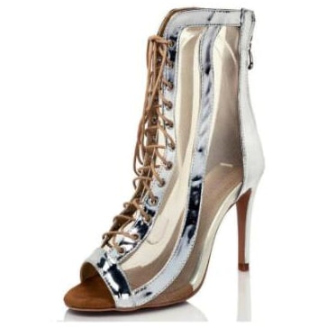 silver metallic and sheer mesh lace-up dance boot for women, peep toe and slim stiletto heel