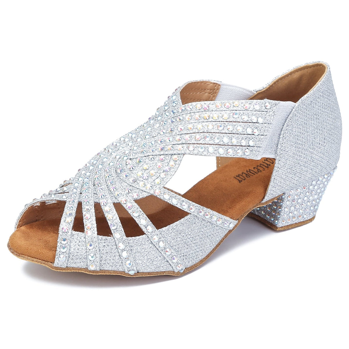 silver glitter rhinestone dance shoe for women with 1.5 inch cuban heel, crystal swirl upper and open toe