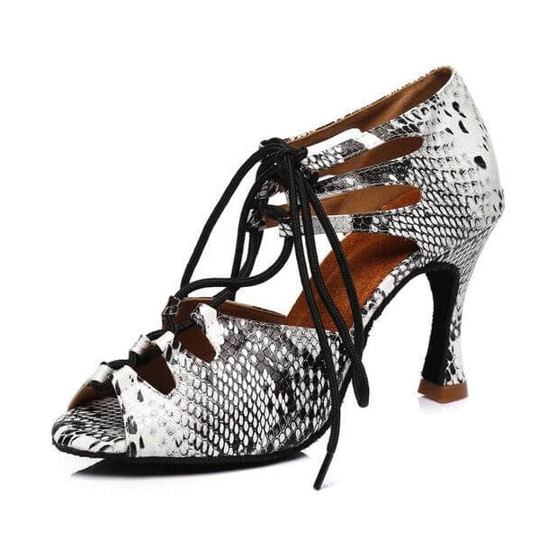 silver snakeskin print lace-up latin dance boot for women with a cutout side panel, peep toe and flared heel