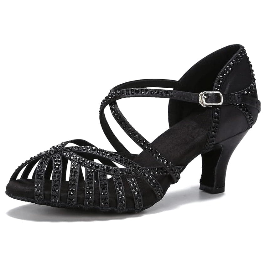 black satin sparkly dance shoe for women with caged black rhinestone straps and open toe