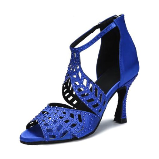blue satin sparkly dance shoe for women with rhinestone cutout upper and open toe