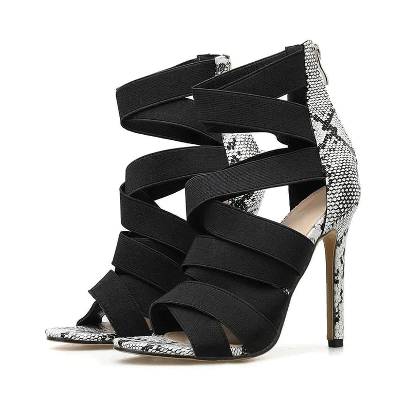 snakeskin print open-toe salsa dance shoe for women, black elastic crisscross straps and stiletto heel