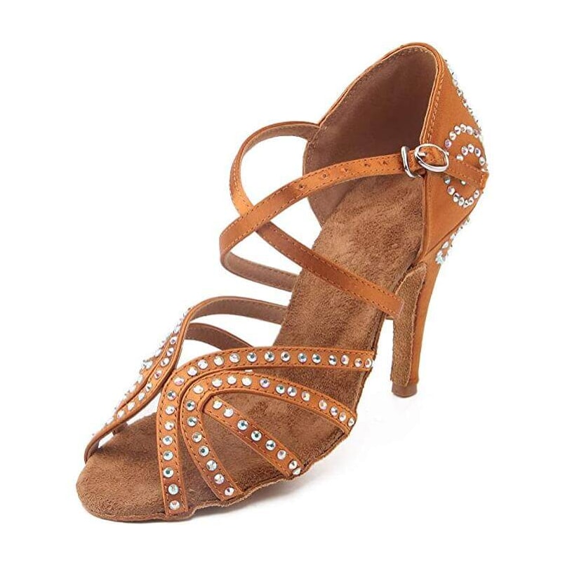 tan satin ballroom dance shoe for women with rhinestone straps and crystal swirl heel counter