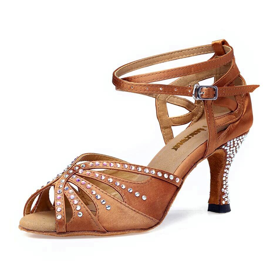 tan satin diamante ballroom dance shoe for women, rhinestone petal toe and crystal-set flared heel