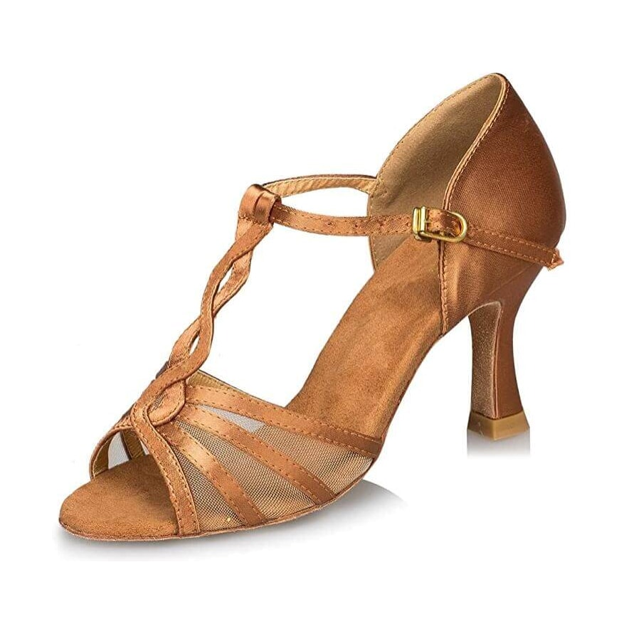 tan satin latin dance shoe for women with a twisted T-strap vamp, mesh inserts across the toe and a flared heel
