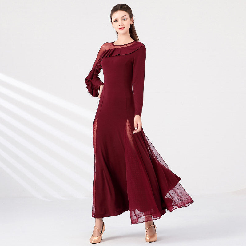 Long Sleeve Ballroom Dance Dress Ruffle Trim Mesh Godet Swing Dress in Burgundy, front view