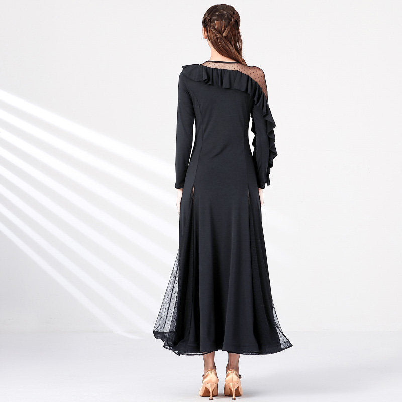 Long Sleeve Ballroom Dance Dress Ruffle Trim Mesh Godet Swing Dress in Black, back view