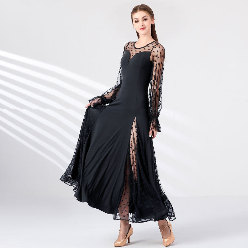 Black Ballroom Dress Polka Dot Mesh Bishop Sleeve Standard Dance Dress in Black, side view