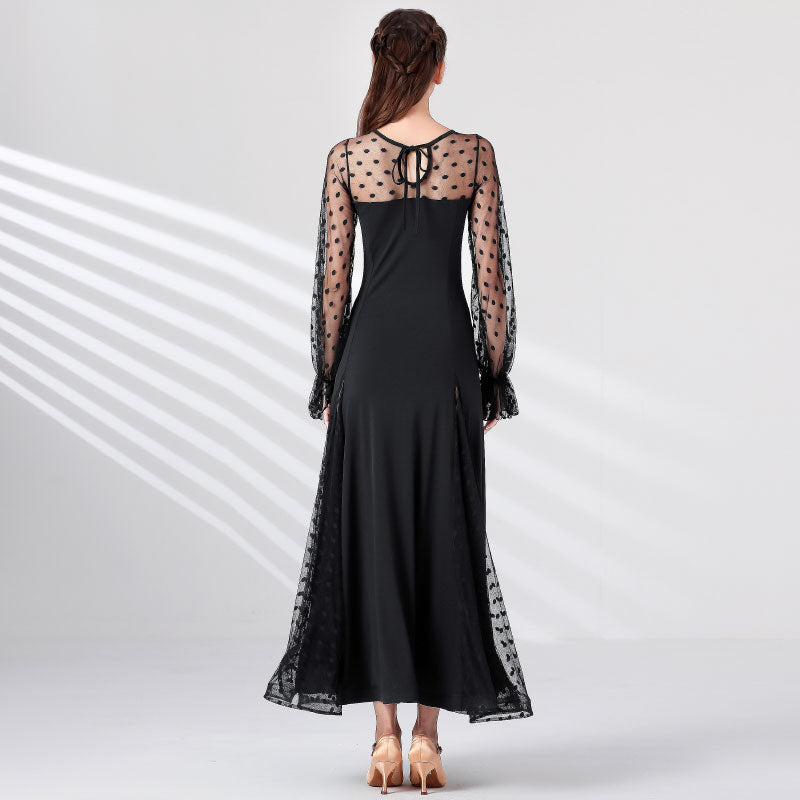 Black Ballroom Dress Polka Dot Mesh Bishop Sleeve Standard Dance Dress in Black, back view