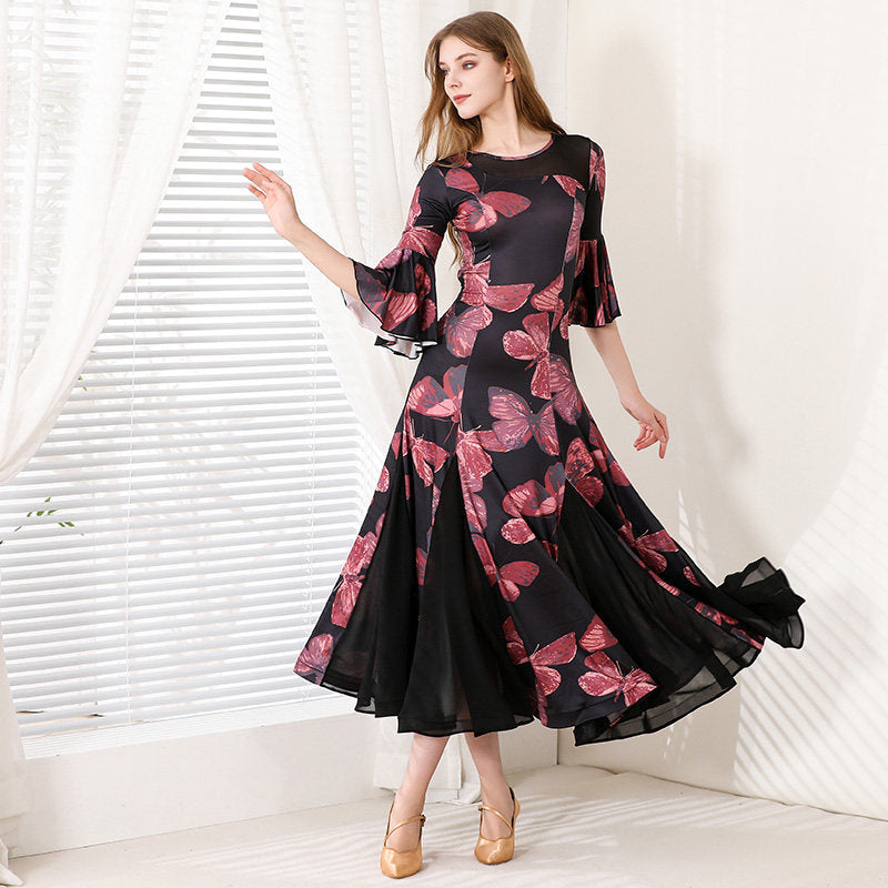 Butterfly Print Ballroom Dress Bell Sleeve Mermaid Dance Dress in Butterfly Print, front view