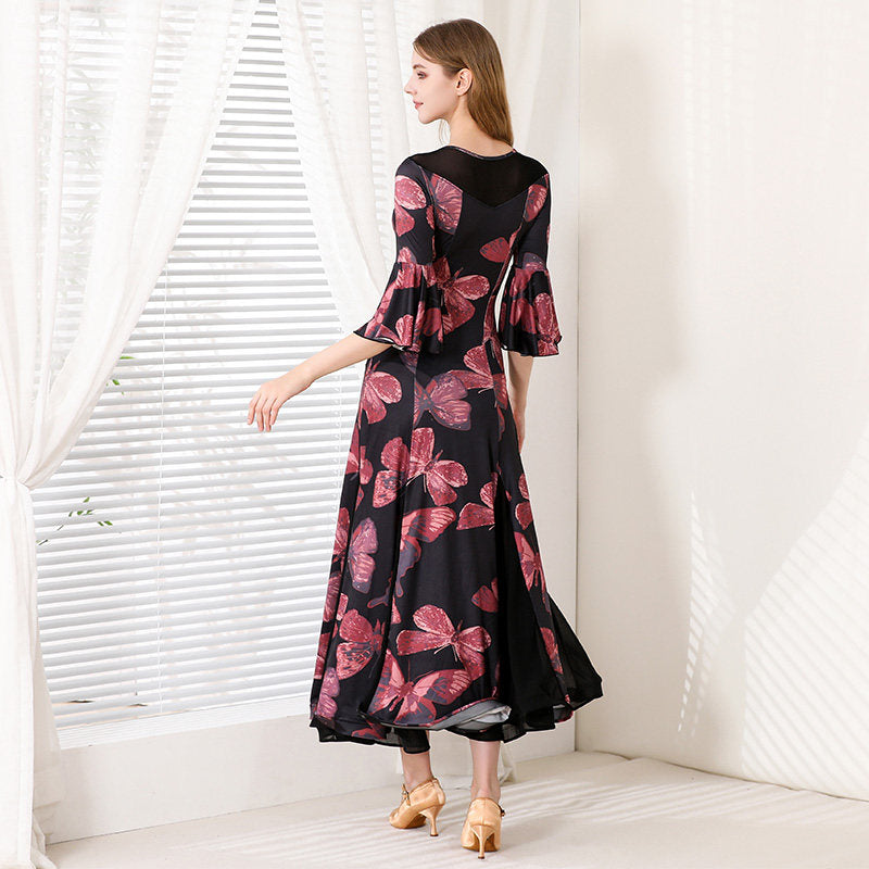 Butterfly Print Ballroom Dress Bell Sleeve Mermaid Dance Dress in Butterfly Print, back view