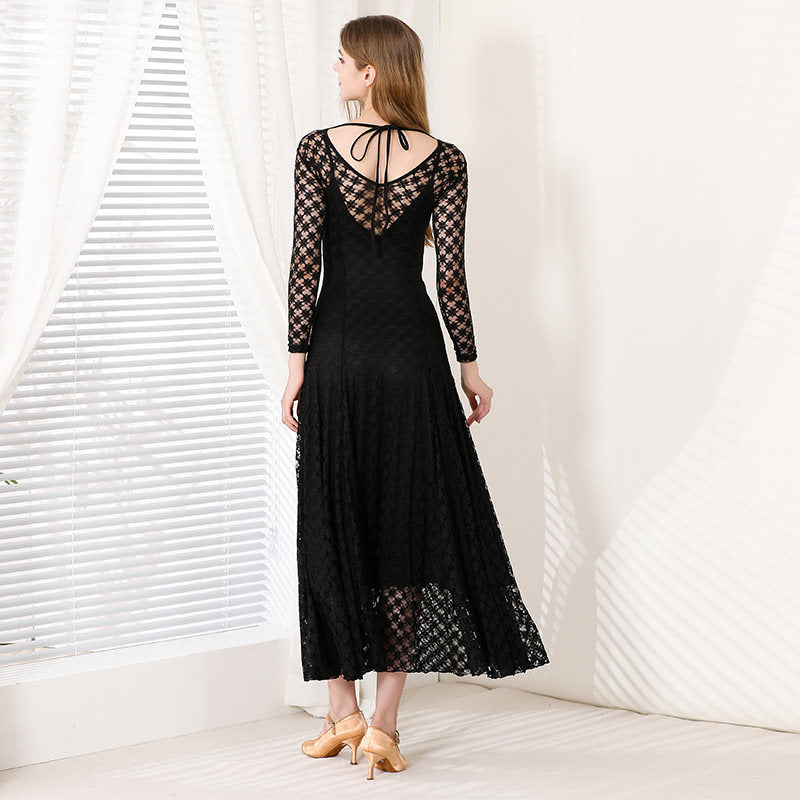 Black Ballroom Dress Lace Overlay Long Sleeve Smooth Practice Dress in Black, back view