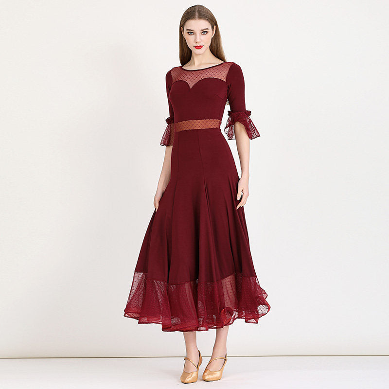 Ballroom Dance Dress Mesh Waist Sweetheart Bell Cuff Standard Dress in Burgundy, front view