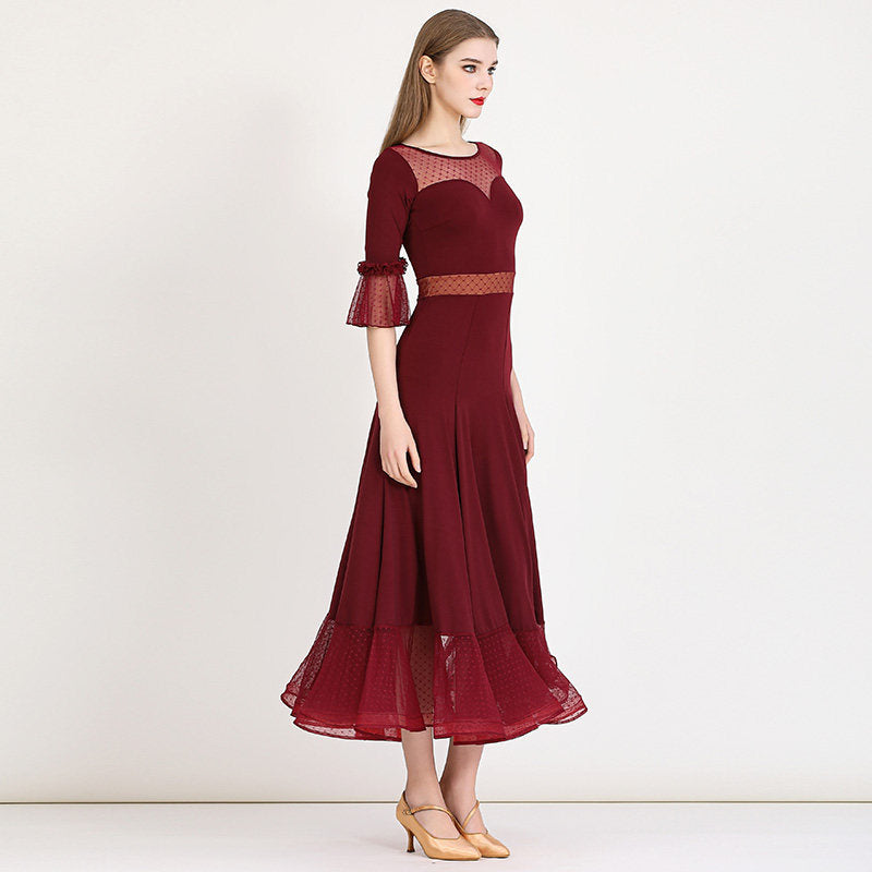 Ballroom Dance Dress Mesh Waist Sweetheart Bell Cuff Standard Dress in Burgundy, side view