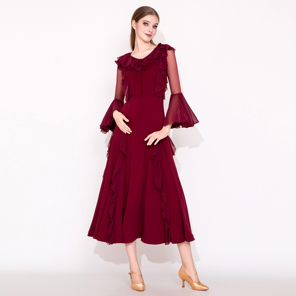 Burgundy Ballroom Dress Ruffle Collar Bell Sleeve Smooth Dance Dress in Burgundy, front view