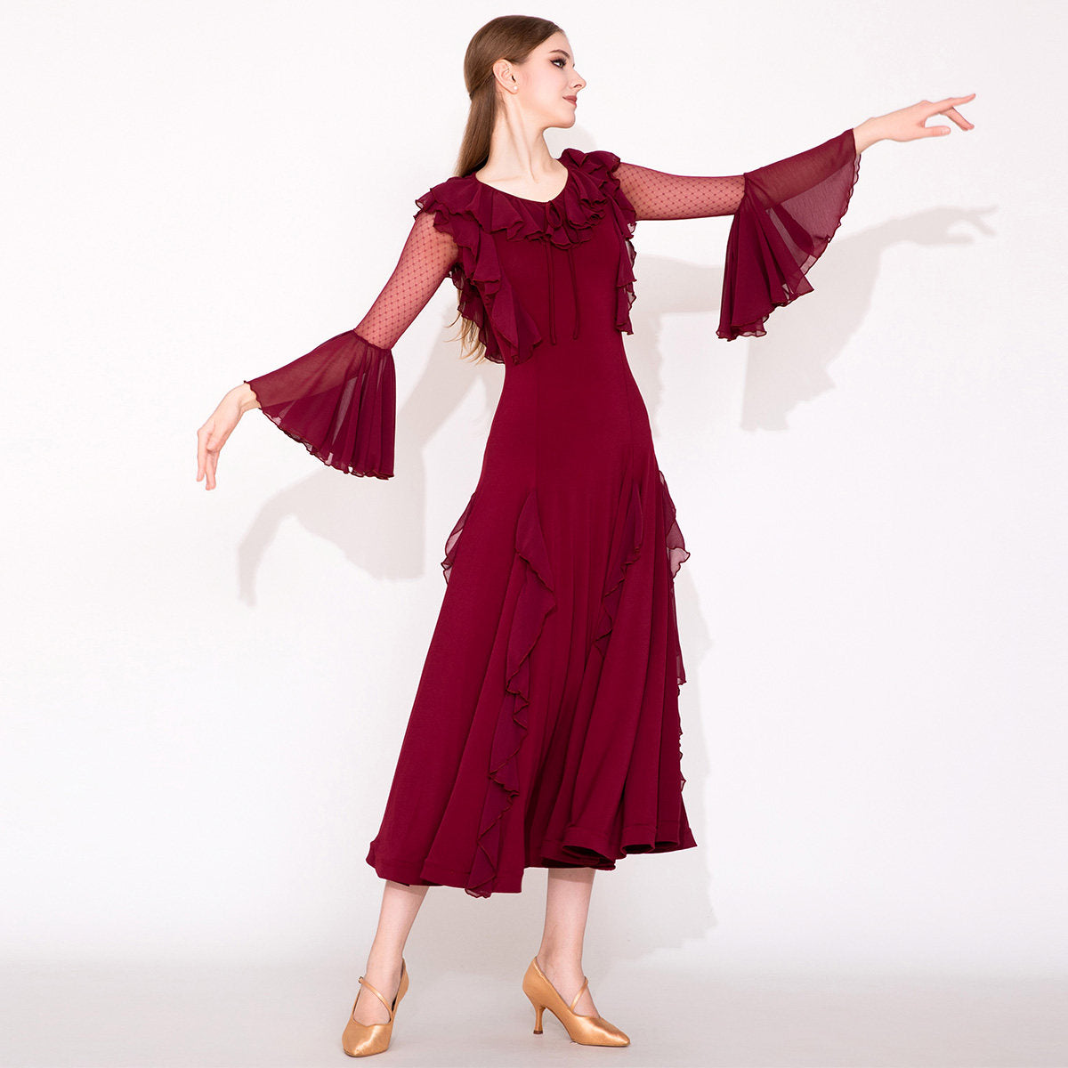 Burgundy Ballroom Dress Ruffle Collar Bell Sleeve Smooth Dance Dress in Burgundy, front view