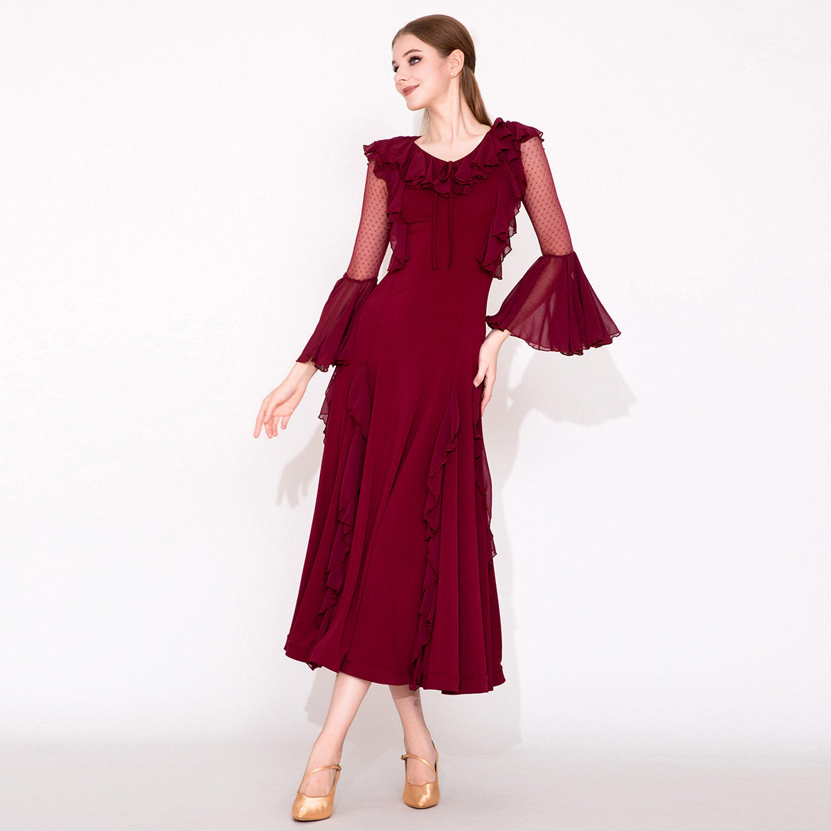 Burgundy Ballroom Dress Ruffle Collar Bell Sleeve Smooth Dance Dress in Burgundy, side view