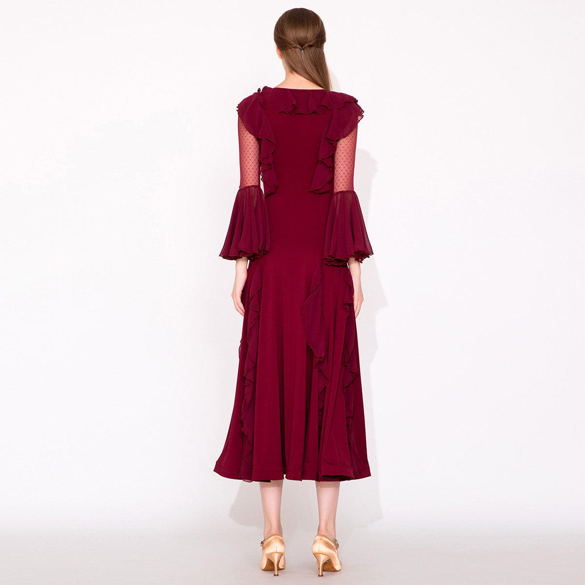 Burgundy Ballroom Dress Ruffle Collar Bell Sleeve Smooth Dance Dress in Burgundy, back view