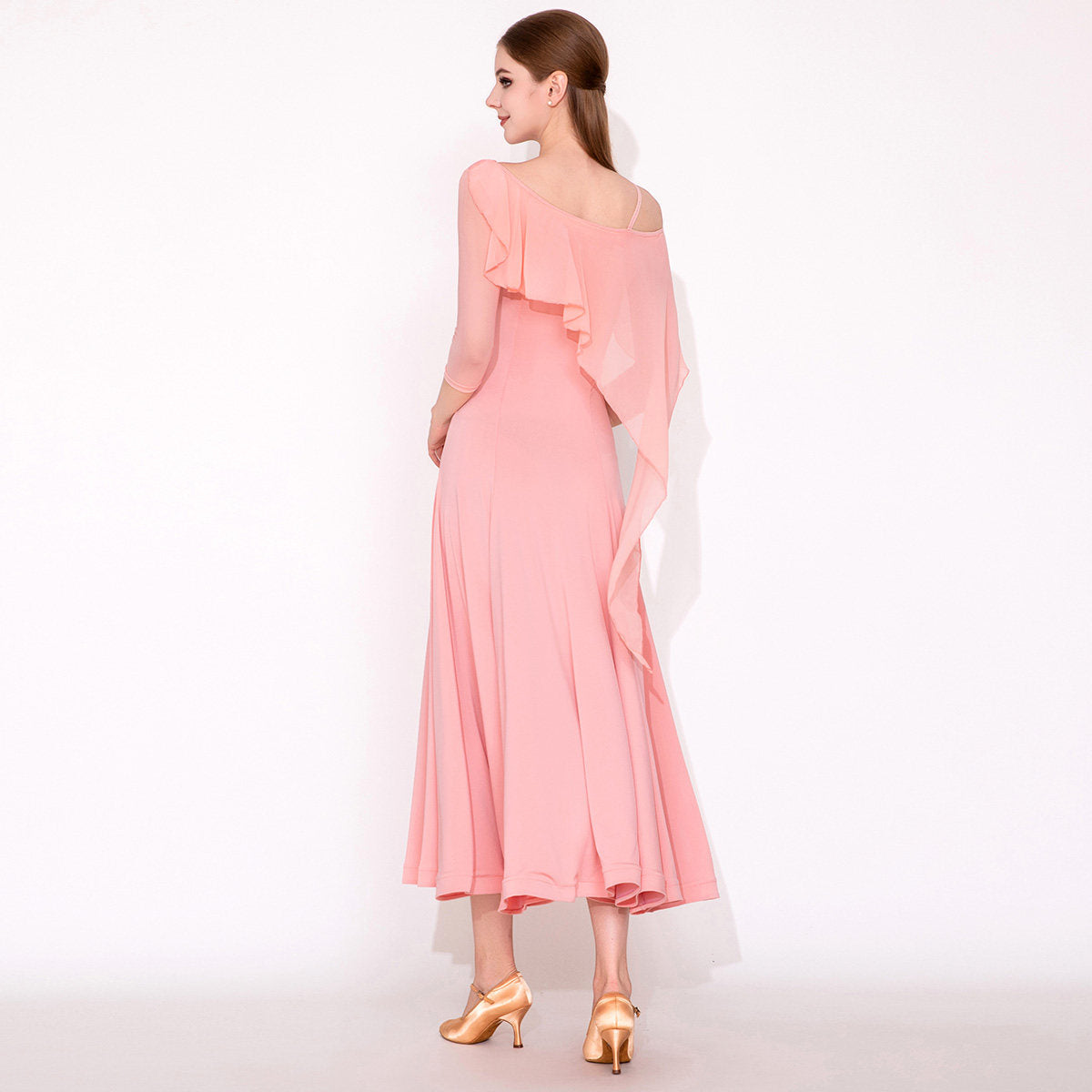 Ballroom Dance Dress One Shoulder Chiffon Cape Ruffle Swing Dress in Pink, back view
