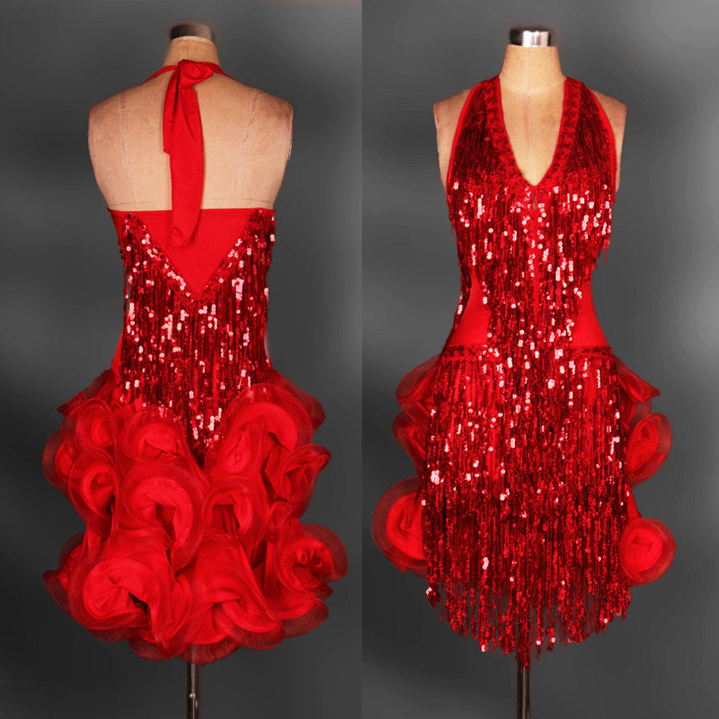 Red sequin fringe latin dance dress with halter neck and red rosette ruffle skirt