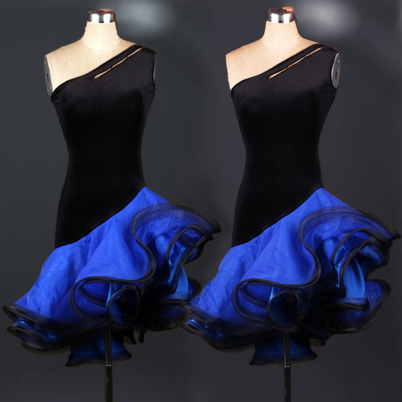 Black one shoulder latin dance dress with blue curled organza ruffle skirt