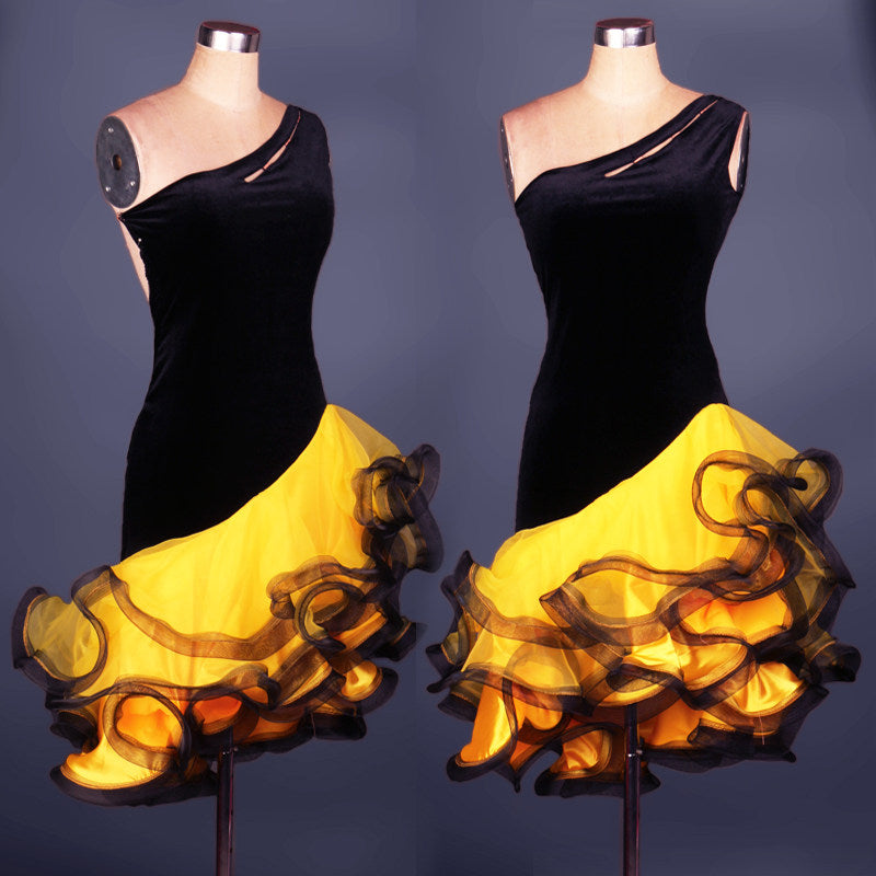 Black one shoulder latin dance dress with yellow curled organza ruffle skirt