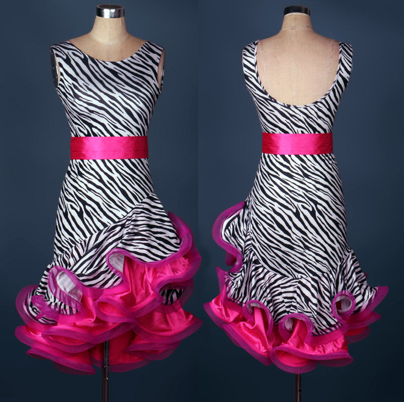 Leopard print latin dance dress with rose satin belt and curled organza ruffle skirt