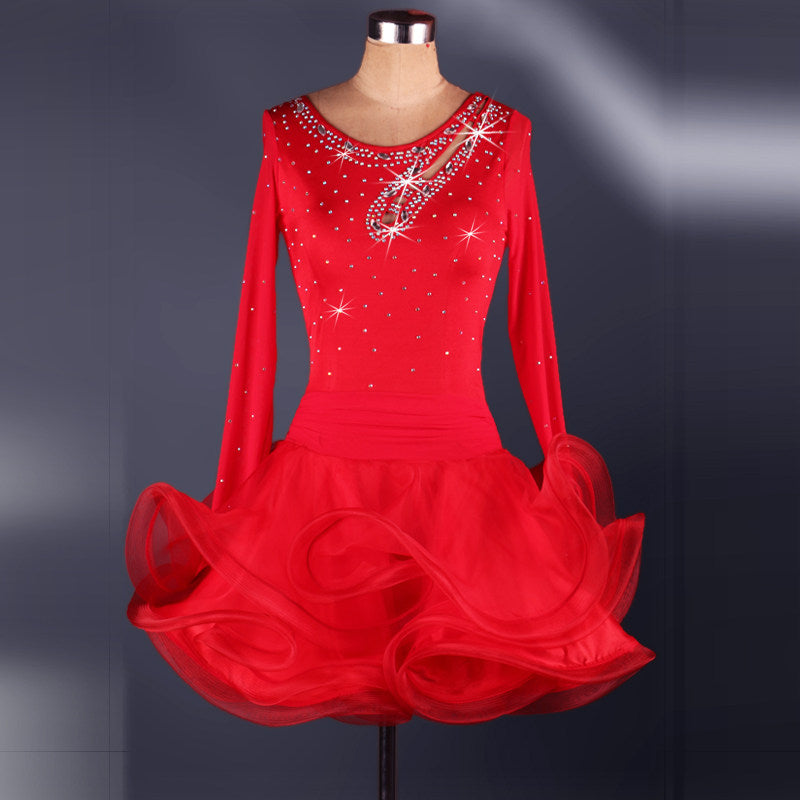 Red rhinestone latin dance dress with long sleeves, keyhole neckline and red organza ruffle skirt