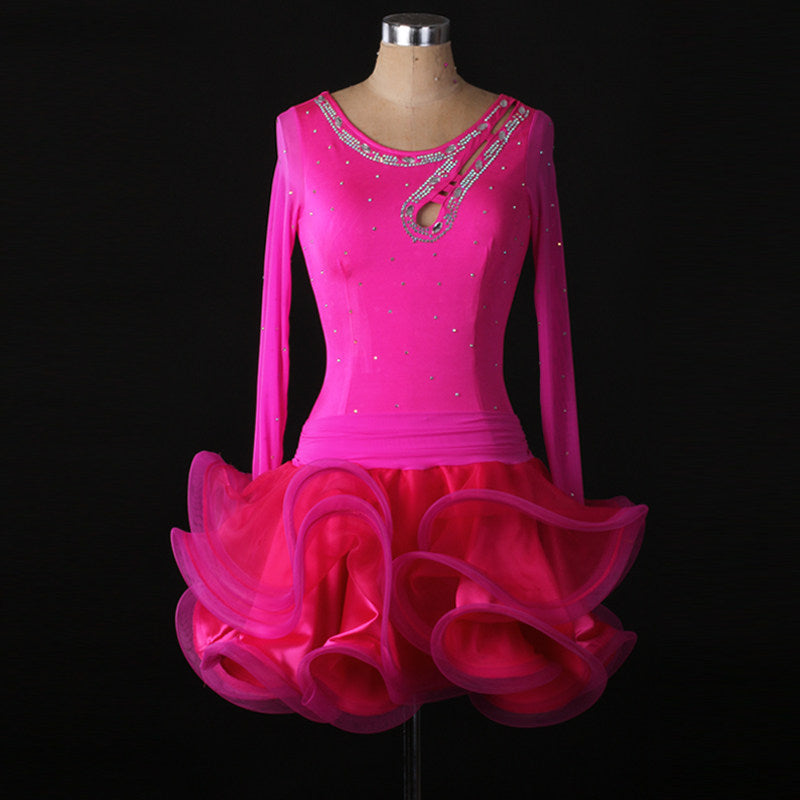 Rose red rhinestone latin dance dress with long sleeves and matching curled ruffle skirt