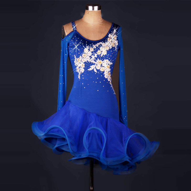 Blue latin dance dress full length view with the curled organza ruffle skirt