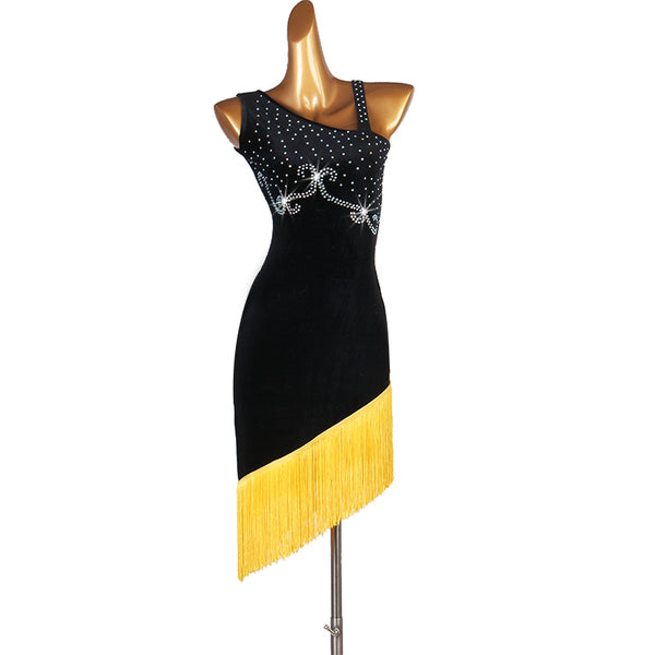 Black latin dance dress with rhinestone scroll bodice and yellow diagonal fringe hem