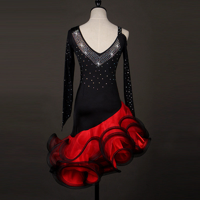 Black and red latin dance dress rear view with the deep stoned V back