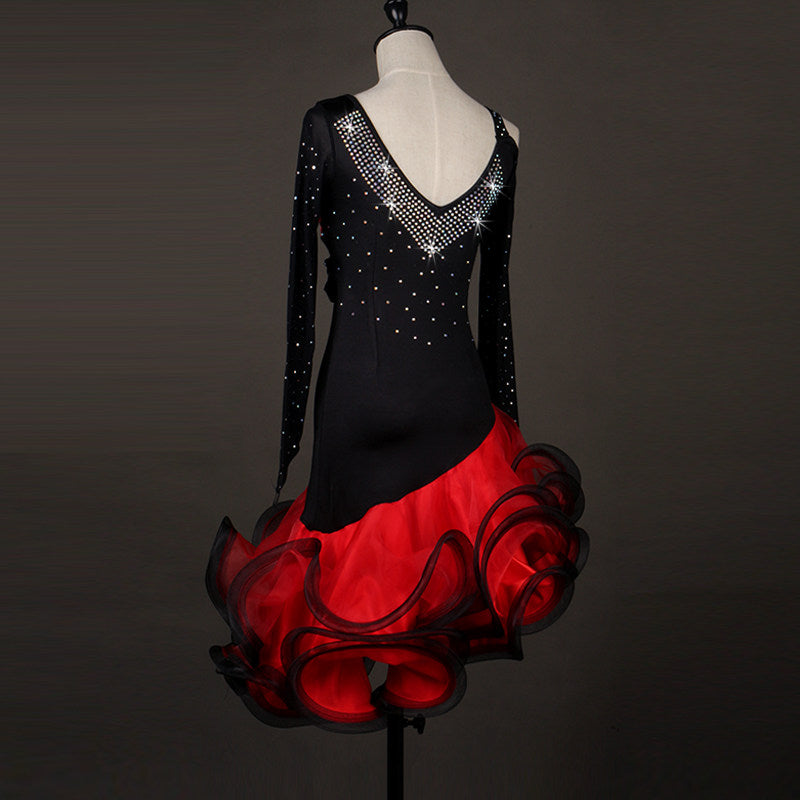 Black and red latin dance dress back view showing the bare shoulder and stoned straps