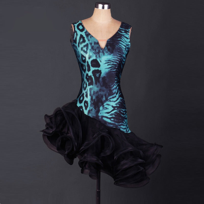 Teal animal print latin dance dress with V neckline and black organza ruffle skirt