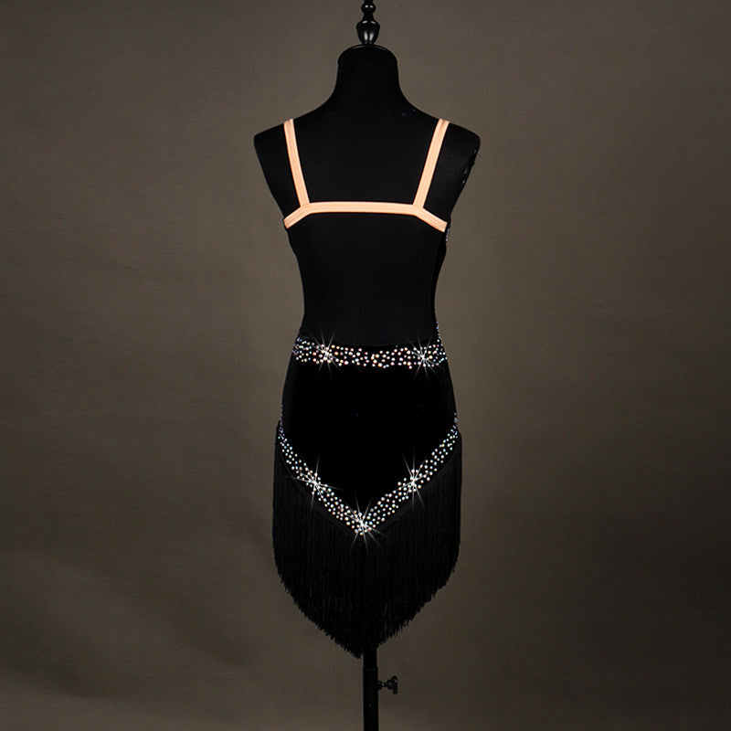 Black velvet latin dance dress rear view showing the thin straps and open back