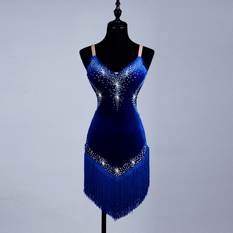 Blue velvet latin dance dress with rhinestone V bodice and blue fringe skirt