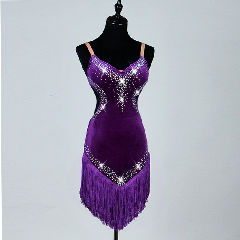 Purple velvet latin dance dress with rhinestone V bodice and purple fringe skirt