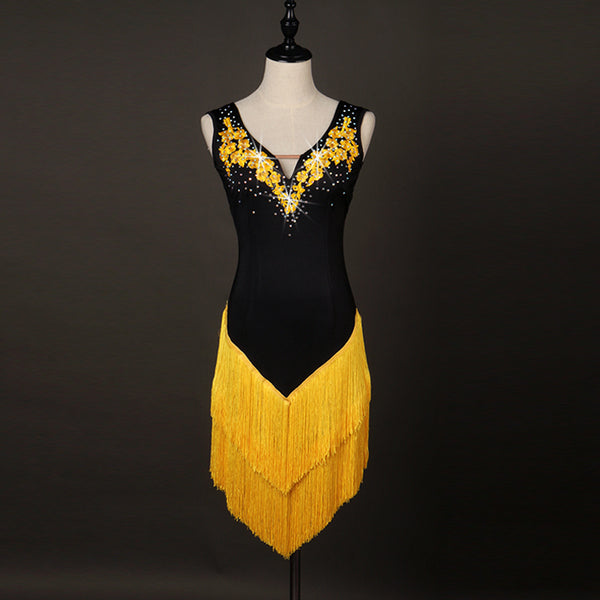 Black latin dance dress with gold floral appliques and yellow tassel fringe skirt